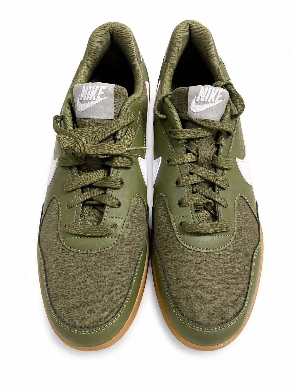 Nike Olive Green Low-Top Sneakers with White Swoosh and Gum Sole